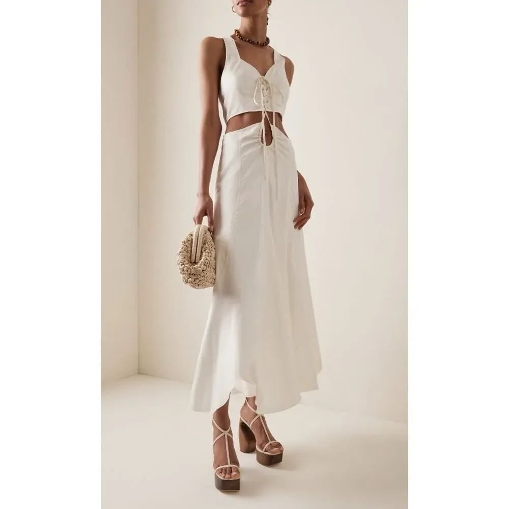 NWT Cult Gaia Calia Dress Off White Cutout Lace Up Midi Cotton Size 8